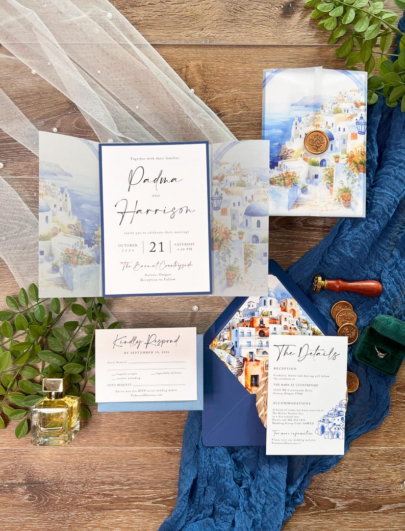 Greece, Italy inspired wedding invitation suite with printed vellum jacket and envelope liner