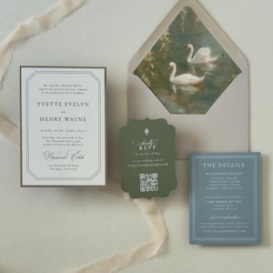 Ivory wedding invitation paired with dusty blue details card and dark green scalloped RSVP card, featuring soft landscape artwork for an elegant country wedding.