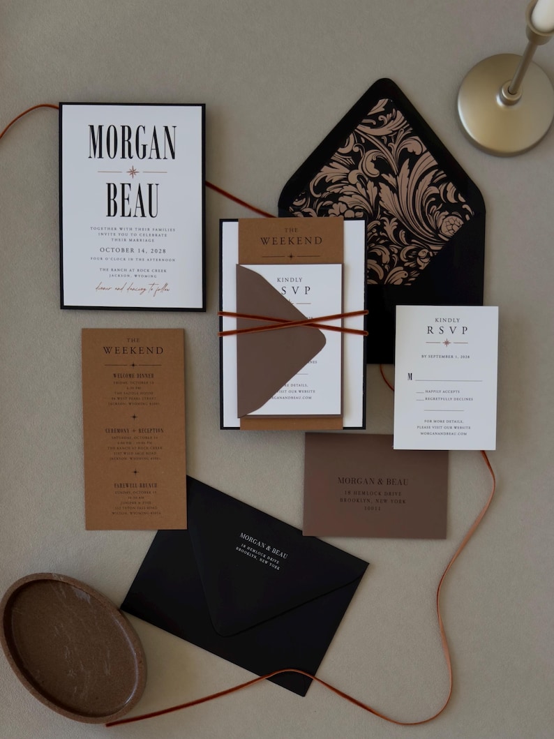 Black, brown and white Whitmore wedding invitation suite featuring layered stationery, warm neutral colors and thin ribbon for a modern editorial wedding.