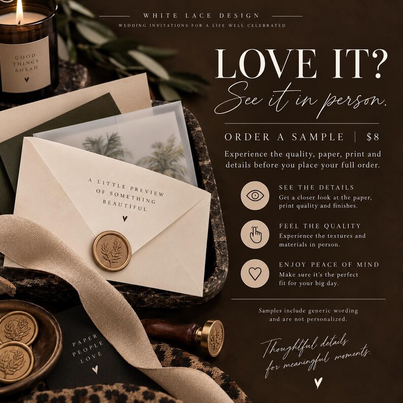 Wedding invitation sample information explaining how to order an $8 sample to see paper, printing and finishes in person.