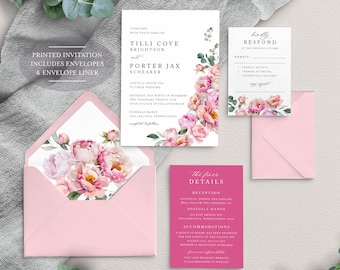 Bright Bold Pink Floral wedding invitations, Fuchsia and Light Candy Pink, Peony Wedding, Spring Summer Wedding, Elegant Printed invitation