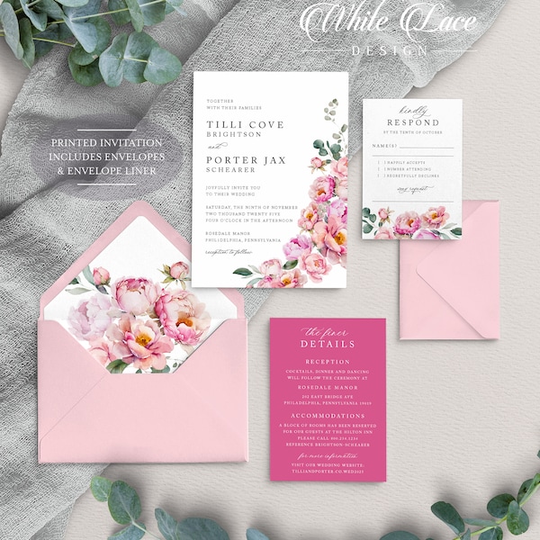 Bright Bold Pink Floral wedding invitations, Fuchsia and Light Candy Pink, Peony Wedding, Spring Summer Wedding, Elegant Printed invitation