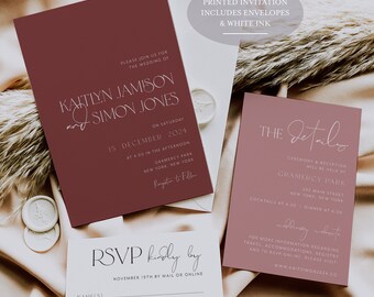 White Ink - Mauve Wedding Invitation - Rosewood Wedding - Dusty Rose Wedding - Modern Wedding - Minimalist Wedding - Printed Invitation