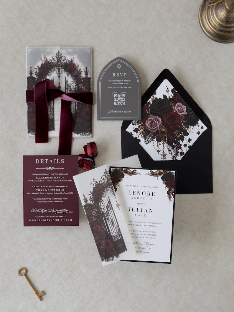 Video showing the Lenore Gothic wedding invitation suite being assembled, featuring a floral printed vellum jacket, white invitation with black backing, dark romantic rose artwork, and coordinating wedding stationery.