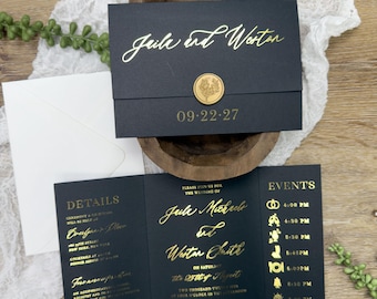 PRINTED Trifold Gold Foil on Black Wedding Invitation with Online RSVP | Modern Folded Details & A7 Envelope | Minimalist Wedding Suite
