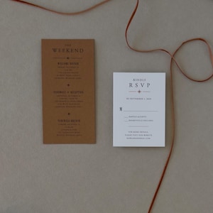 Warm brown wedding details card paired with a modern RSVP card and layered Whitmore invitation featuring bold contemporary typography.