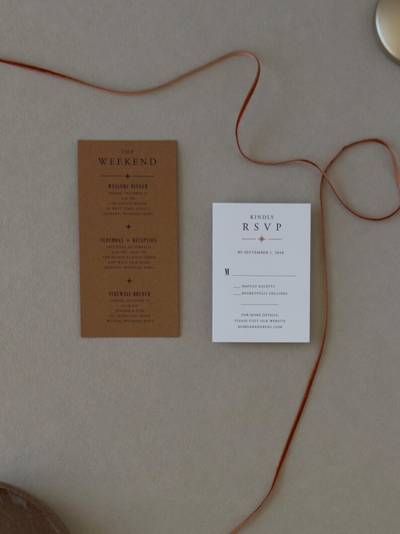 Warm brown wedding details card paired with a modern RSVP card and layered Whitmore invitation featuring bold contemporary typography.