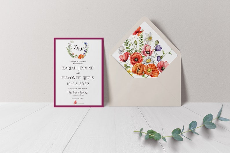 Bright Wildflower Wedding Invitation Colorful Wedding Eucalyptus Wedding Spring Wedding Flower Wedding White Ink Printed image 2