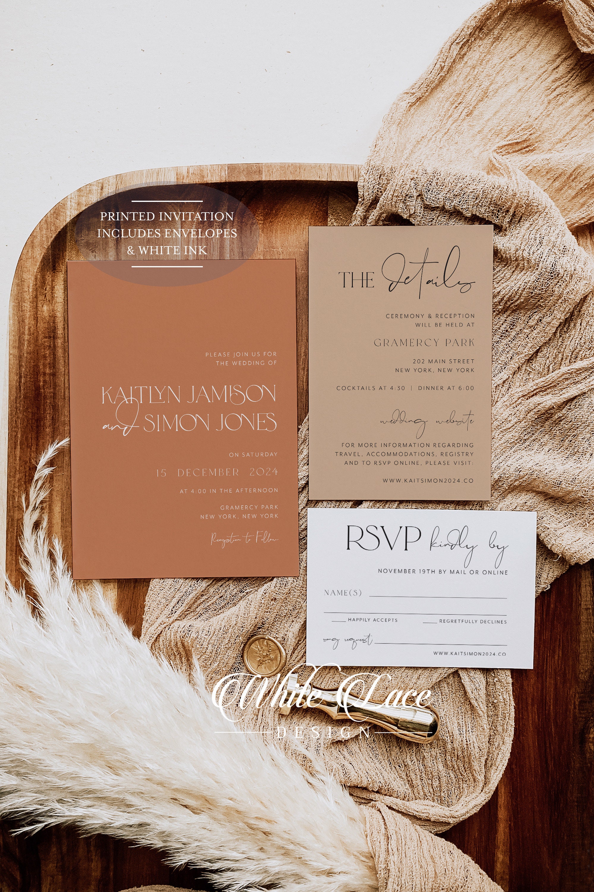 Terracotta Wedding Invitation PRINTED White Ink - Natural Wedding - Pampas Grass Wedding - Modern Wedding - Minimalist Wedding - Clay - Rust