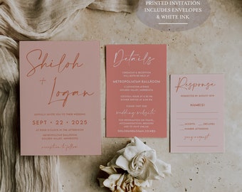 Peach and Coral Wedding Invitation printed with white ink, Modern, Romantic, Whimsical, Retro, Minimalist peach wedding, Boho Wedding design