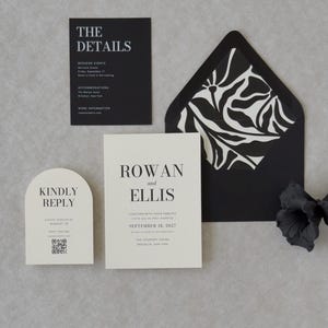 Ivory wedding invitation and RSVP card styled for an elegant modern black and white wedding