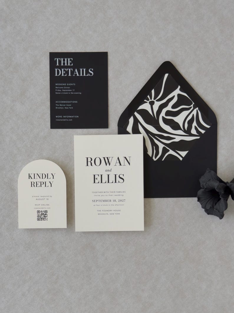 Ivory wedding invitation and RSVP card styled for an elegant modern black and white wedding
