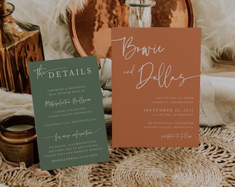 Bowie Suite in Orange and Green, printed wedding invitations with white ink, unique handwritten font, bold fall wedding, colorful trendy set