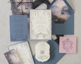 Enchanted Swan Lake Wedding Invitations | Dusty Blue Fairytale, Romantic Woodland Vellum