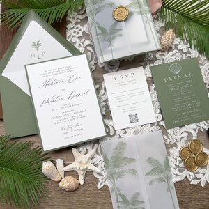 May include: Wedding invitation suite featuring a green and white color scheme with palm tree illustrations. Includes an invitation, RSVP card, details card, and envelope. The invitation is sealed with a gold wax seal and includes the names Madison Eve and Preston Daniel.