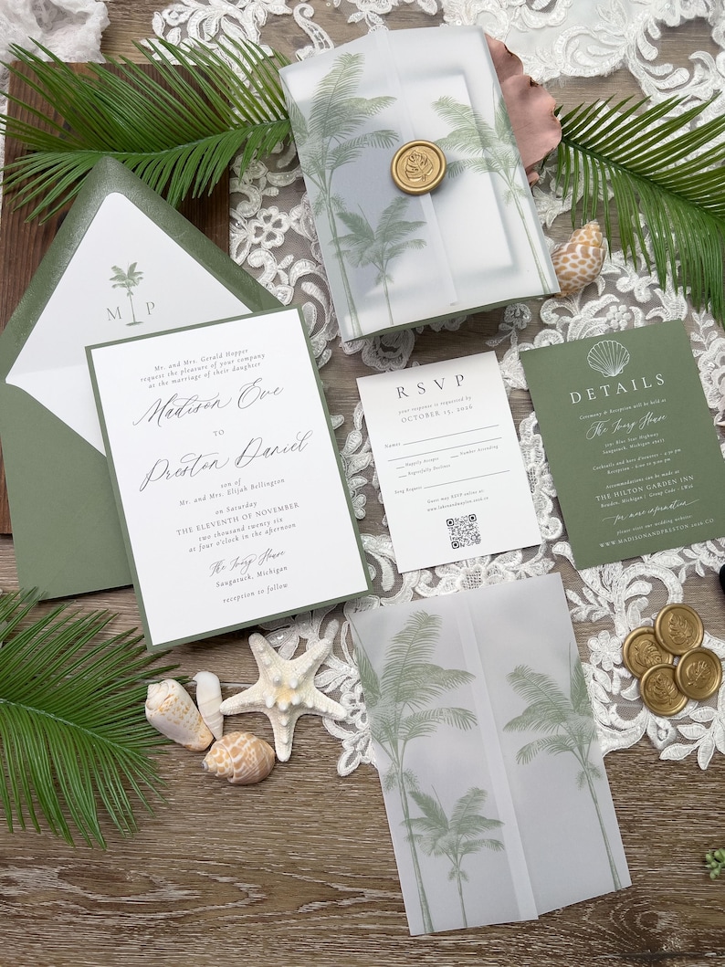 May include: Wedding invitation suite featuring a green and white color scheme with palm tree illustrations. Includes an invitation, RSVP card, details card, and envelope. The invitation is sealed with a gold wax seal and includes the names Madison Eve and Preston Daniel.