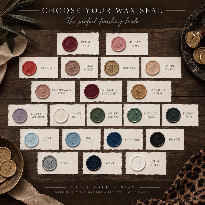 Wedding invitation wax seal color options including burgundy, rose, gold, green, blue, silver, navy and black.