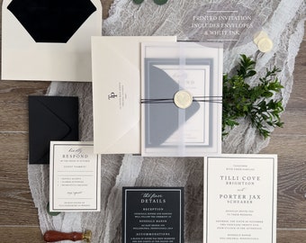 Black Printed Invitation Suite, Tilli Suite, Vellum Jacket, Velvet Envelope liner, Classic wedding invitation, Ivory, Monogram, White Ink