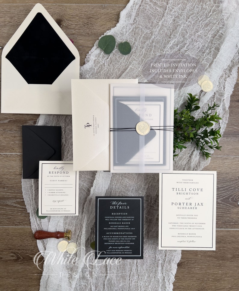 May include: Black and white wedding invitation suite with a black and white envelope, a black and white RSVP card, and a black and white details card. The invitation features the text "Together with their families Tilli Cove Brighton and Porter Jax Schearer joyfully invite you to their wedding Saturday, the ninth of November two thousand twenty five four o'clock in the afternoon Rosedale Mansion Philadelphia, Pennsylvania  enquiries to follow".