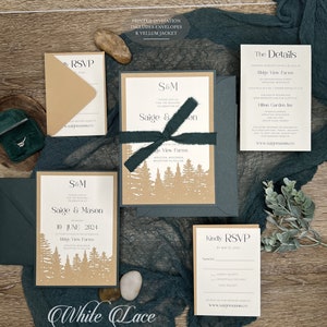 Forest Wedding Invitation Suite, Greenery Invitations, Rustic Twine, Woodland Pine, Into the Woods Dark Green, Saige Collection wood grain