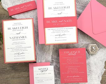 Bright Pink and Gold Glitter Layered Wedding Invitation Suite, Printed with Belly Band