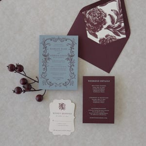 Burgundy A7 wedding invitation envelope opened to reveal a colorful vintage botanical floral envelope liner
