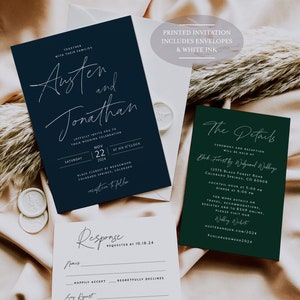 May include: A navy blue and white wedding invitation with the names Austen and Jonathan, the date November 22, 2024, and the location Black Forest by Wedgewood, Colorado Springs, Colorado. The invitation includes the text "Reception to follow". A response card is included with the text "Response Requested by 10.18.24". A green card with the text "The Details" is also included with the ceremony and reception details.