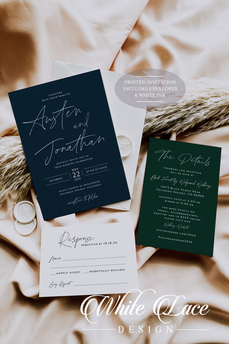 May include: A navy blue and white wedding invitation with the names Austen and Jonathan, the date November 22, 2024, and the location Black Forest by Wedgewood, Colorado Springs, Colorado. The invitation includes the text "Reception to follow". A response card is included with the text "Response Requested by 10.18.24". A green card with the text "The Details" is also included with the ceremony and reception details.