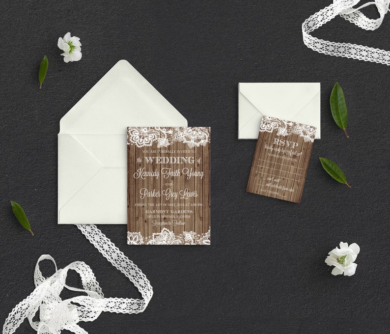 Rustic Wedding Invitations Lace Wedding Invitations Wooded Etsy