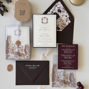 European villa wedding invitation with printed vellum wrap and patterned burgundy envelope liner