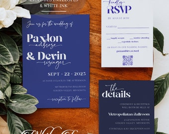 Bold Retro Cobalt and Navy printed invitations with white ink, Vibrant Style, Bright Wedding, Blue wedding, sapphire invitation, printed