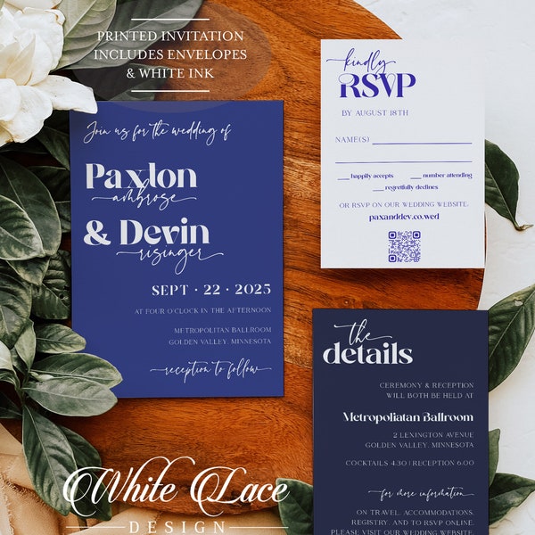 Bold Retro Cobalt and Navy printed invitations with white ink, Vibrant Style, Bright Wedding, Blue wedding, sapphire invitation, printed