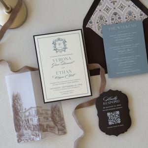 Verona dusty blue wedding invitation suite with illustrated villa vellum wrap and coordinating details card