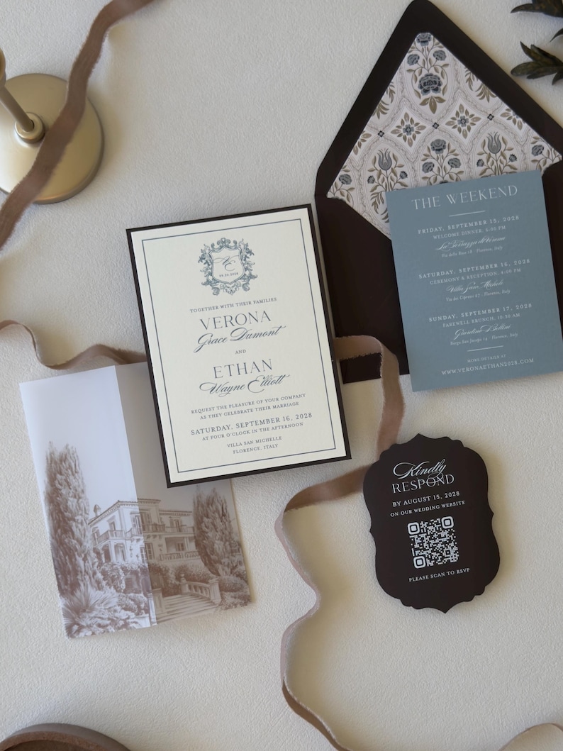 Verona dusty blue wedding invitation suite with illustrated villa vellum wrap and coordinating details card