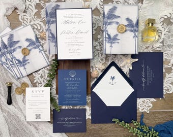 Navy Blue Palm Tree Wedding Invitation Suite | Vellum Jacket, RSVP & Details Card, Assorted Colors