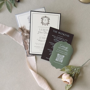 Olive green and chocolate brown wedding stationery styled with cream invitation, printed vellum wrap and romantic European details.