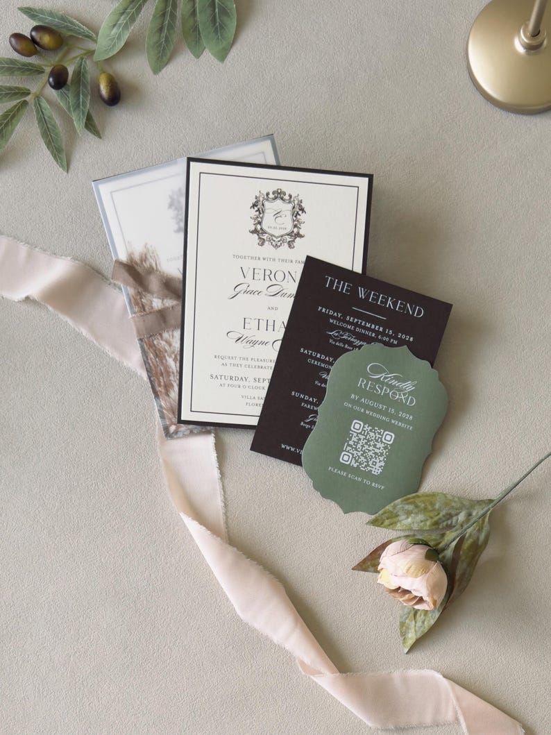 Olive green and chocolate brown wedding stationery styled with cream invitation, printed vellum wrap and romantic European details.