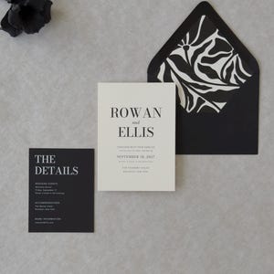 Black wedding details card featuring bold editorial typography from the Ellis wedding invitation suite