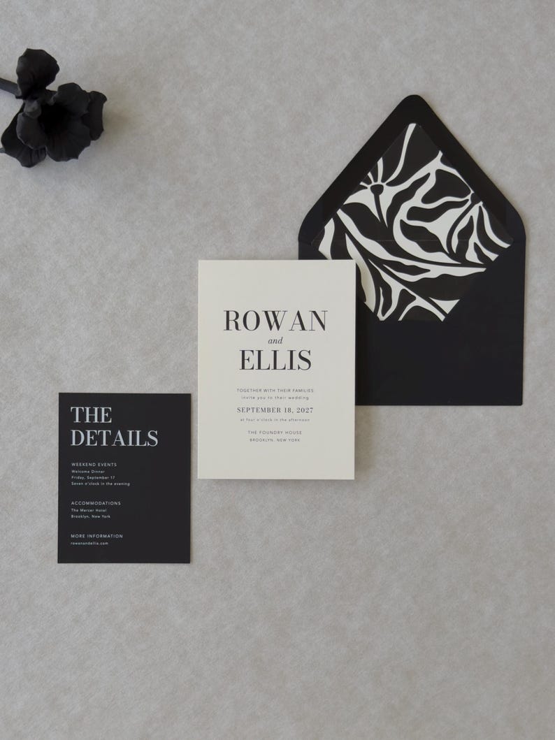 Black wedding details card featuring bold editorial typography from the Ellis wedding invitation suite