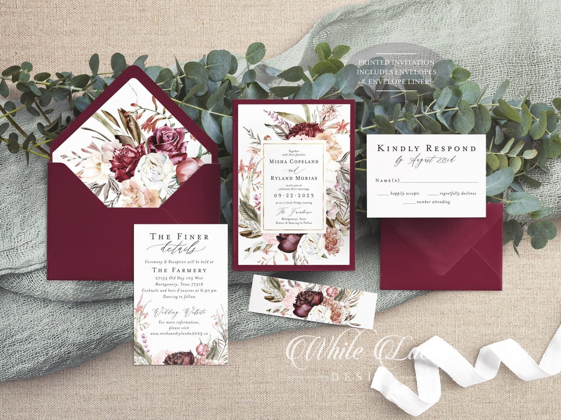 PRINTED Burgundy Wedding Invitation Burgundy and Sage image 1