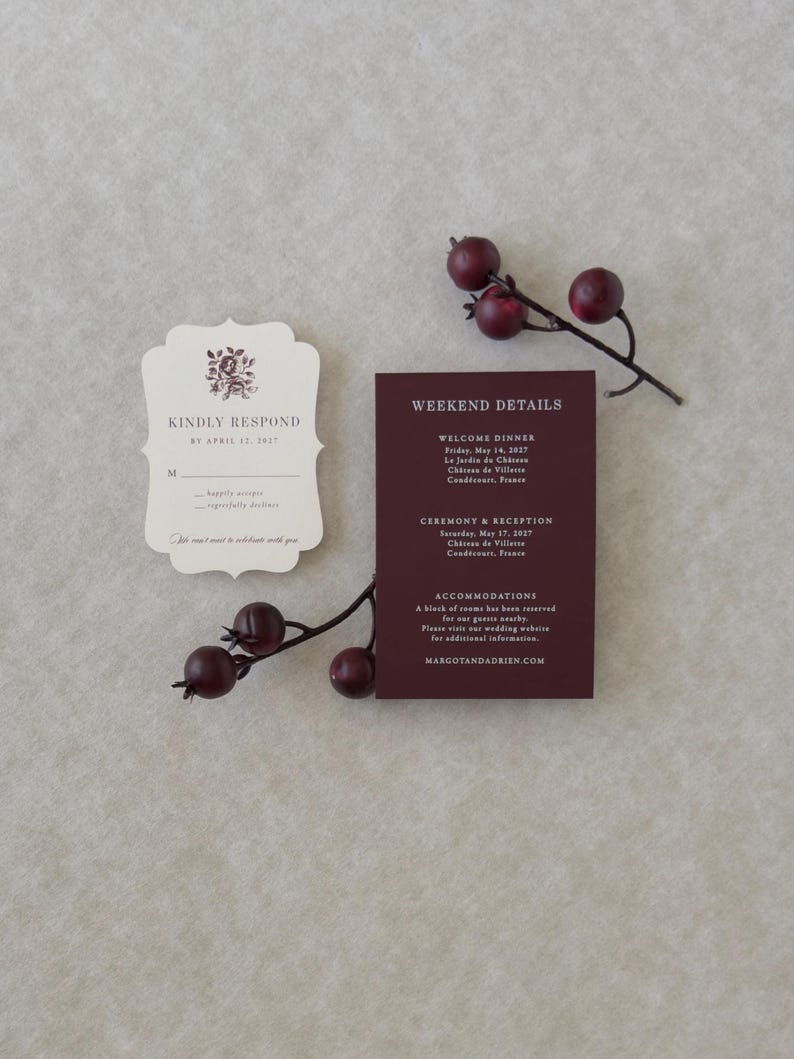 Burgundy wedding details card with dusty blue invitation and ivory scalloped RSVP card from the Margot invitation suite