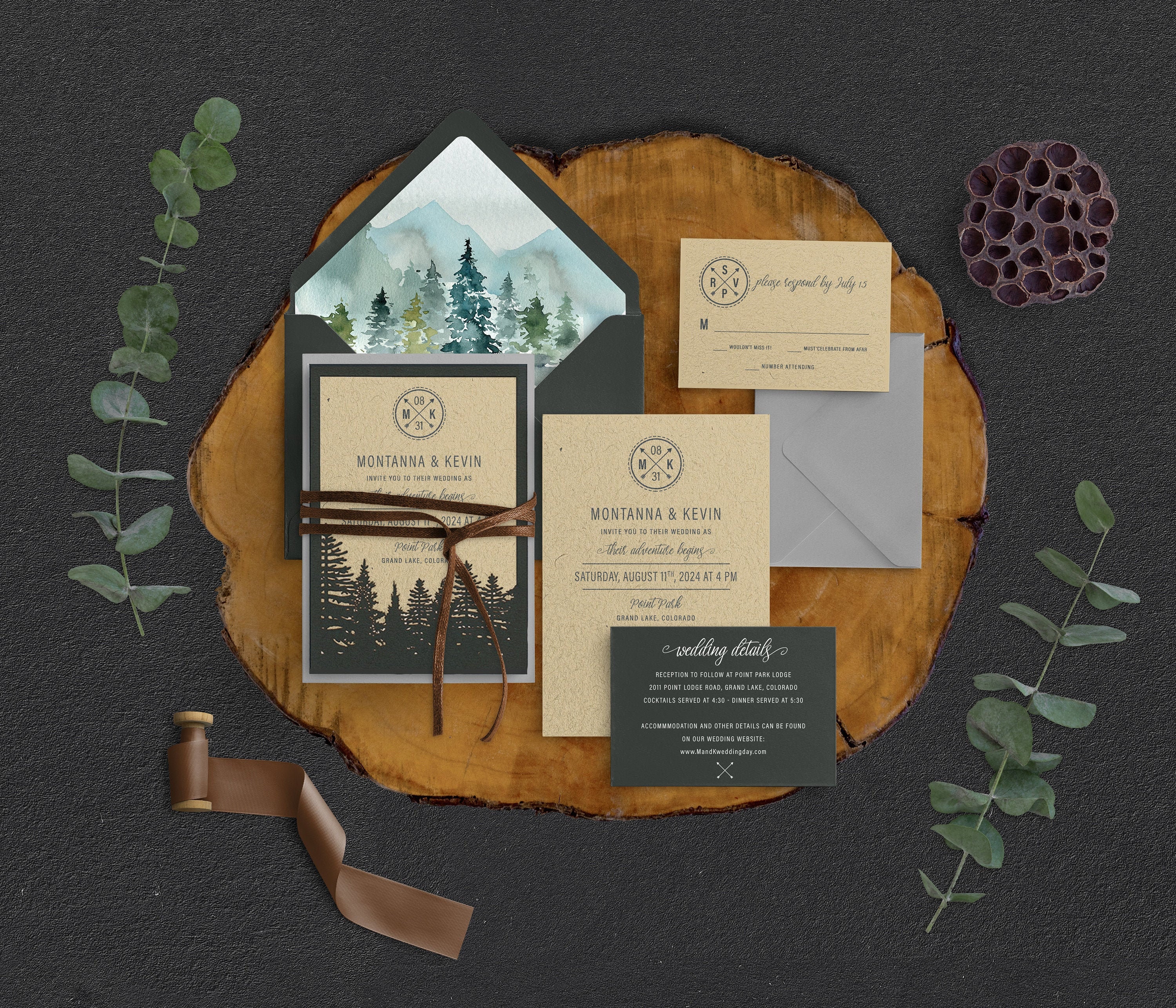Mountain Wedding Invitation, Rustic Woodland Pine, Forest Green Celebration, Outdoor Pine Laser Cut Frame, White Ink printed, Greenery