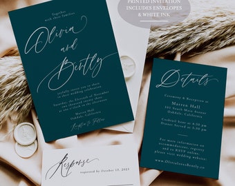 White Ink - Dark Teal Wedding Invitation - Teal Wedding - Simple Wedding - Modern Wedding - Minimalist Wedding - Printed Invitation