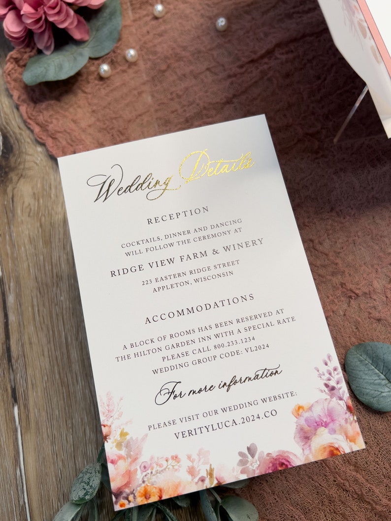 Vellum Jacket wedding invitation suite, Gold Foil wedding, Dusty Rose Mauve Modern, Whimsical Terracotta Romantic WildFlower, Verity PRINTED image 6