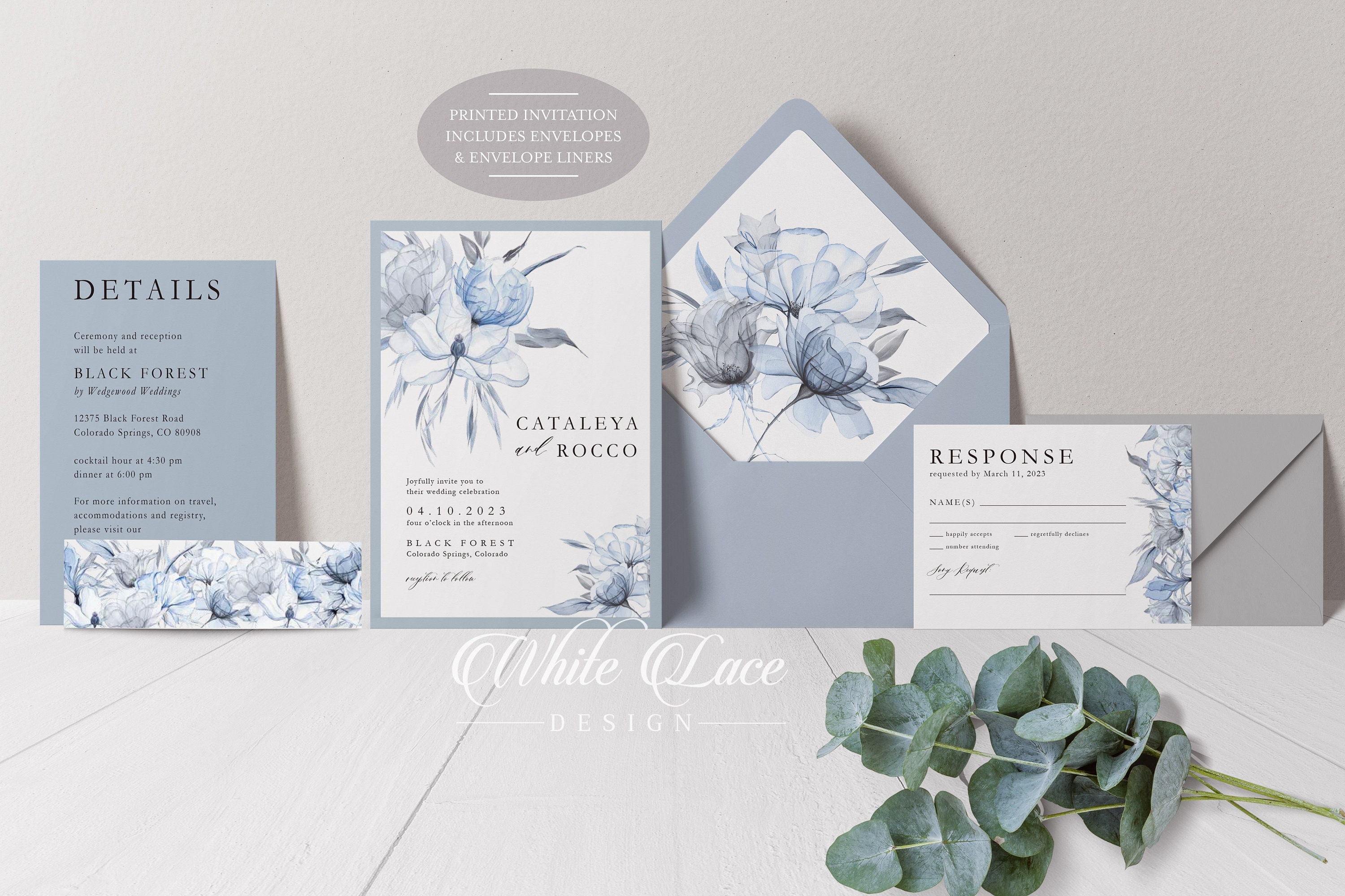 Printed Wedding Invitations Dusty Blue Blue Watercolor