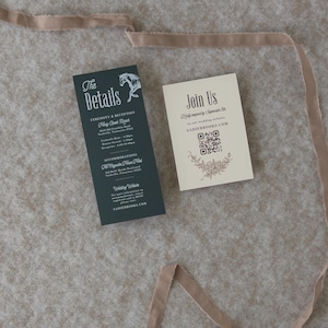 Dark green wedding details card paired with an ornate ivory invitation and coordinating QR code RSVP card for an elegant vintage-inspired wedding.