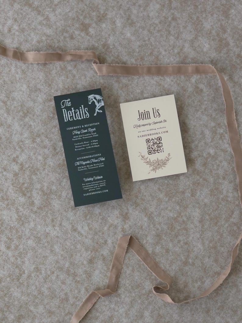 Dark green wedding details card paired with an ornate ivory invitation and coordinating QR code RSVP card for an elegant vintage-inspired wedding.