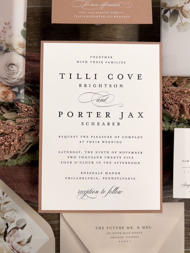 Peach and taupe botanical wedding stationery with coordinating invitation, RSVP card and elegant neutral accents.
