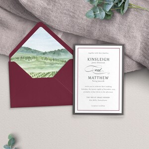 May include: A wedding invitation with a watercolor illustration of a landscape with trees and hills. The invitation is for the wedding of Kinsleigh Janie Donovan and Matthew Teriq Janczik on Saturday, November 28, 2013 at 4:30 PM at The Inn at Grace Winery in Glen Mills, Pennsylvania.
