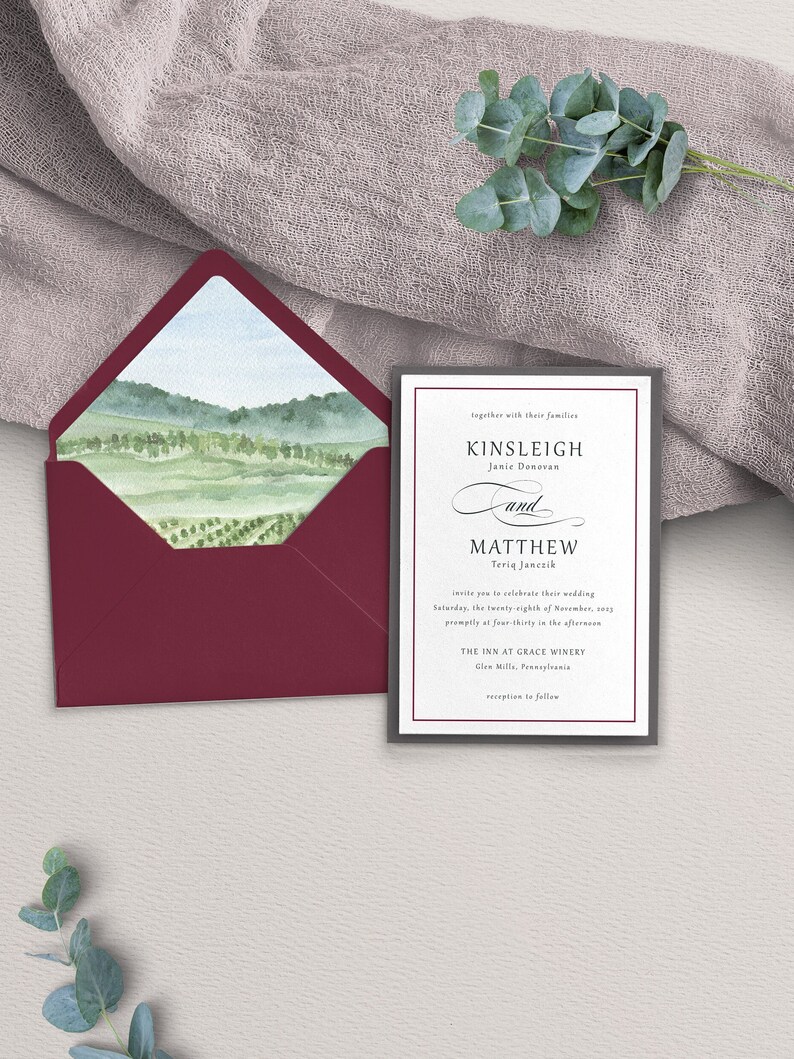 May include: A wedding invitation with a watercolor illustration of a landscape with trees and hills. The invitation is for the wedding of Kinsleigh Janie Donovan and Matthew Teriq Janczik on Saturday, November 28, 2013 at 4:30 PM at The Inn at Grace Winery in Glen Mills, Pennsylvania.